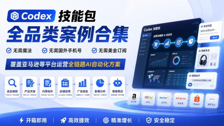 646c5ceb411b1ec91d343c60e2e6bd2c.jpeg Codex技能包全品类案例合集,无需魔法、无需国外手机号、无需美金订阅,覆盖亚马逊等平台运营全链路AI自动化方案