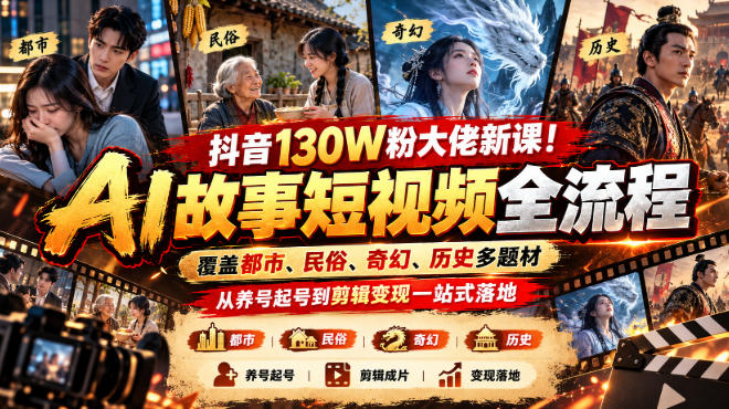 6770a60f3bce9e407cfef65d5cfb0b76.jpeg 抖音130W粉大佬新课!AI故事短视频全流程,覆盖都市、民俗、奇幻、历史多题材,从养号起号到剪辑变现一站式落地