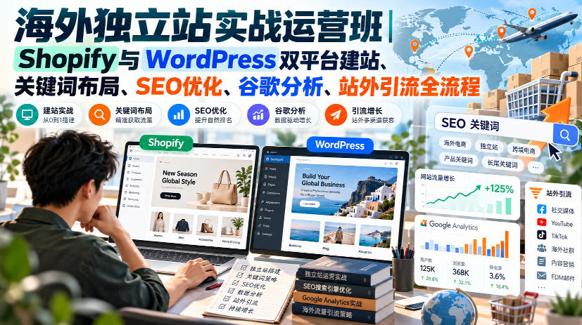 海外独立站实战运营班｜Shopify与WordPress双平台建站、关键词布局、SEO优化、谷歌分析、站外引流全流程网赚项目-副业赚钱-互联网创业-资源整合老八网赚资源