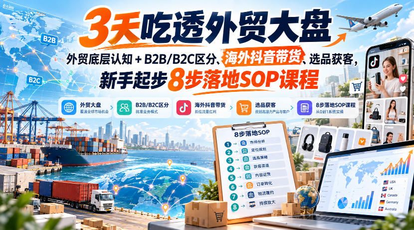 3天吃透外贸大盘，外贸底层认知+B2B/B2C区分、海外抖音带货、选品获客，新手起步8步落地SOP课程网赚项目-副业赚钱-互联网创业-资源整合老八网赚资源