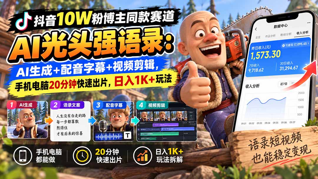 【无水印】抖音10W粉博主同款赛道AI光头强语录：AI生成+配音字幕+视频剪辑，手机电脑20分钟快速出片，日入1K+玩法网赚项目-副业赚钱-互联网创业-资源整合老八网赚资源