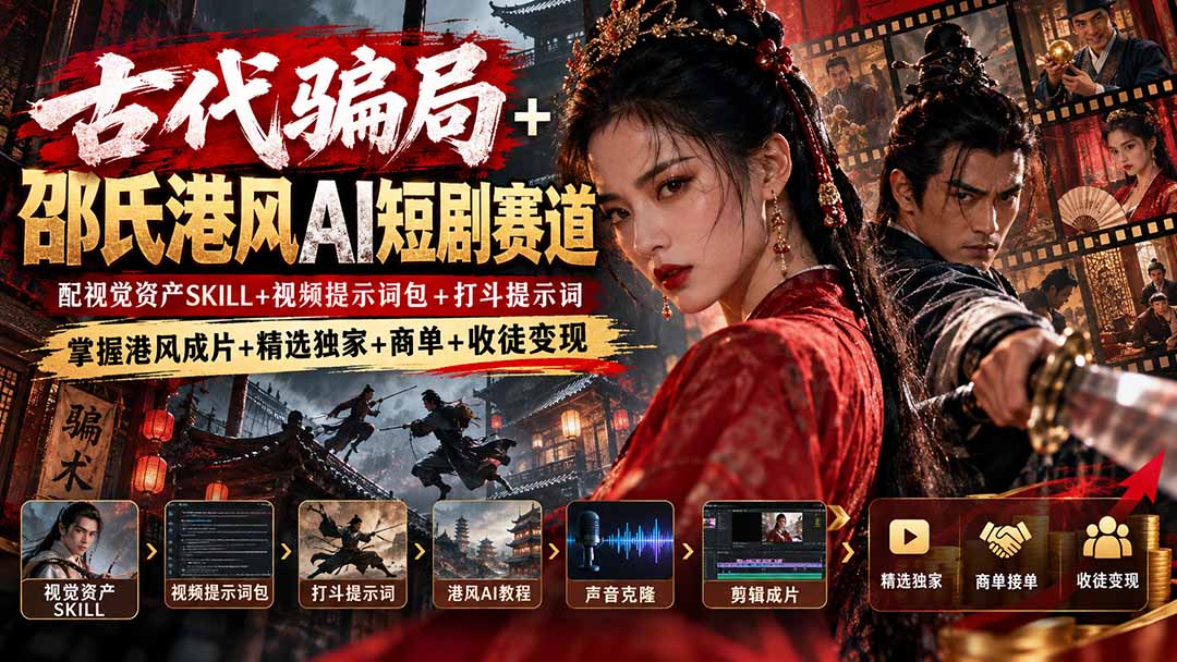 古代骗局+邵氏港风AI短剧赛道：配视觉资产SKILL+视频提示词包+打斗提示词，掌握港风成片+精选独家+商单+收徒变现网赚项目-副业赚钱-互联网创业-资源整合老八网赚资源