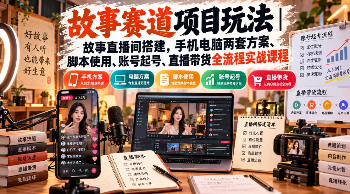 故事赛道项目玩法｜故事直播间搭建，手机电脑两套方案、脚本使用、账号起号、直播带货全流程实战课程网赚项目-副业赚钱-互联网创业-资源整合老八网赚资源