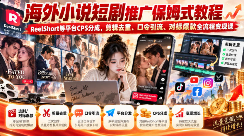 海外小说短剧推广保姆式教程｜ReelShort等平台CPS分成，剪辑去重、口令引流、对标爆款全流程变现课网赚项目-副业赚钱-互联网创业-资源整合老八网赚资源