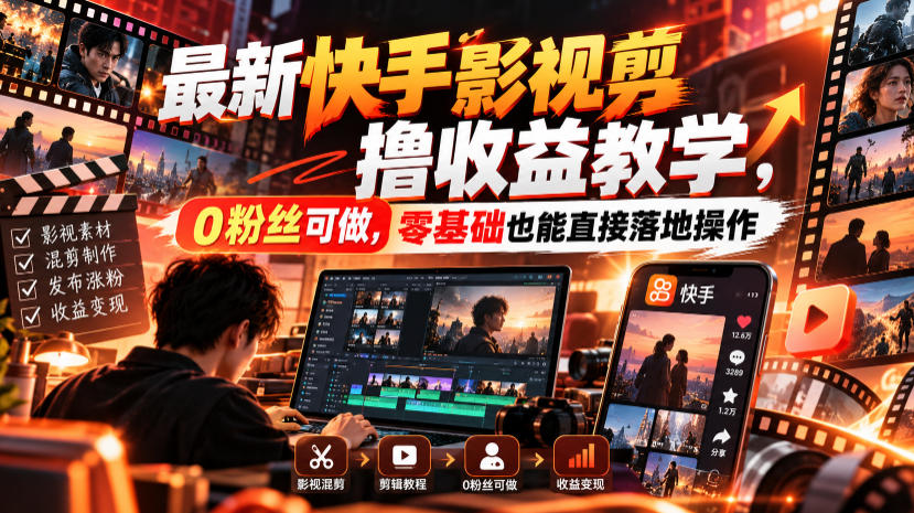最新快手影视混剪撸收益教学，0粉丝可做，零基础也能直接落地操作网赚项目-副业赚钱-互联网创业-资源整合老八网赚资源