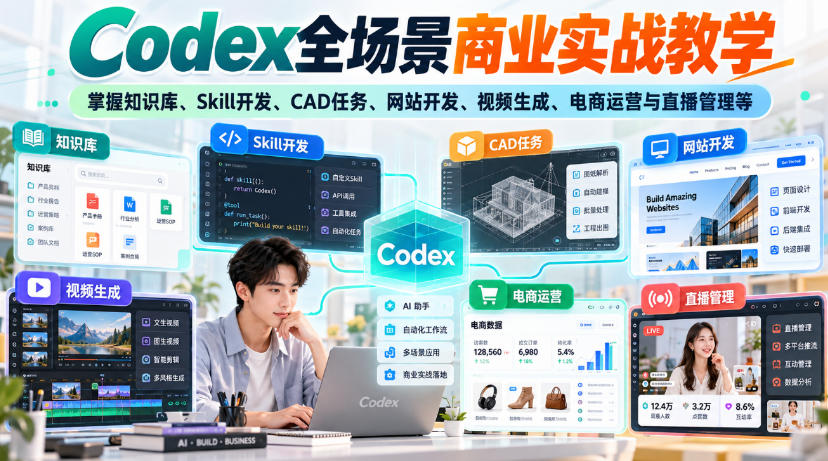 【无水印】Codex全场景商业实战教学，掌握知识库、Skill开发、CAD任务、网站开发、视频生成、电商运营与直播管理等网赚项目-副业赚钱-互联网创业-资源整合老八网赚资源