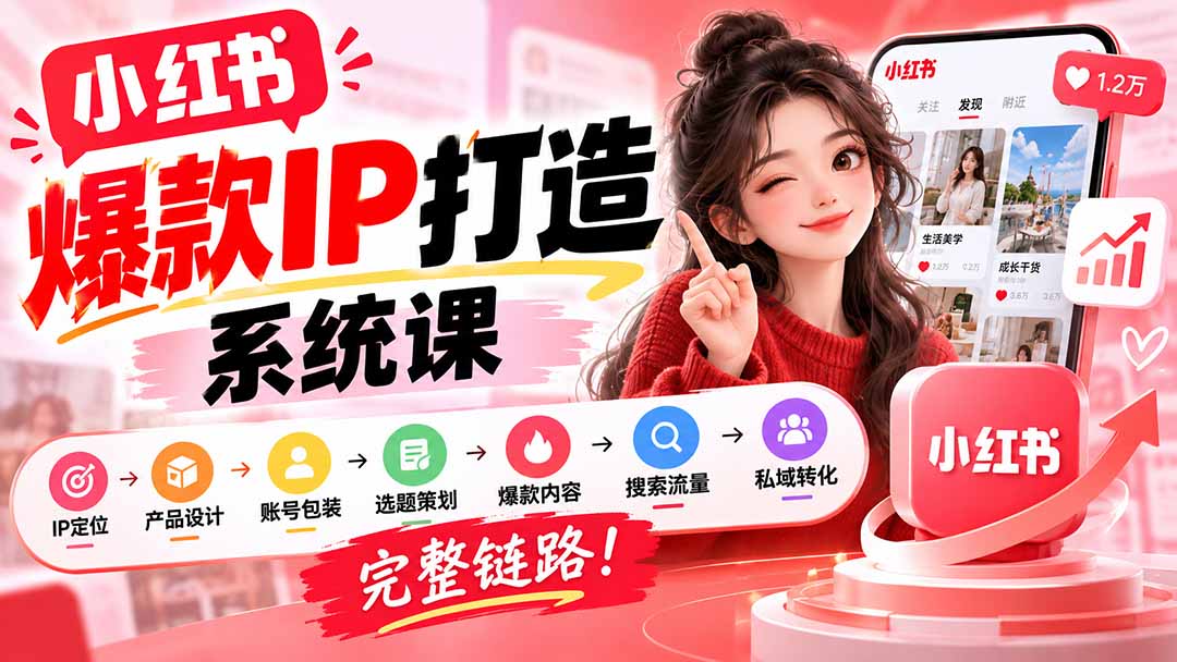 【无水印】小红书爆款IP打造课：IP定位→产品设计→账号包装→选题策划→爆款内容→搜索流量→私域转化，完整链路网赚项目-副业赚钱-互联网创业-资源整合老八网赚资源
