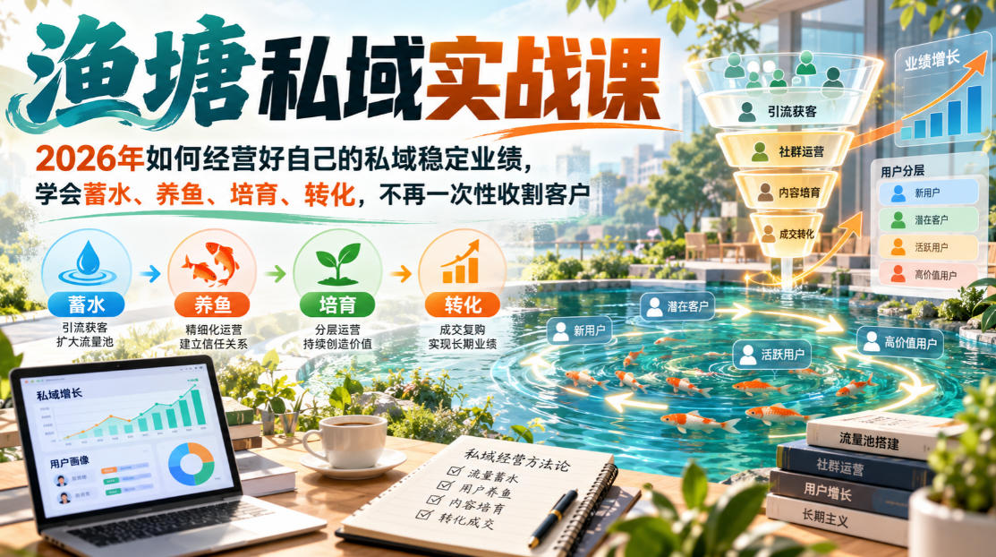 渔塘私域实战课，2026年如何经营好自己的私域稳定业绩，学会蓄水、养鱼、培育、转化，不再一次性收割客户网赚项目-副业赚钱-互联网创业-资源整合老八网赚资源