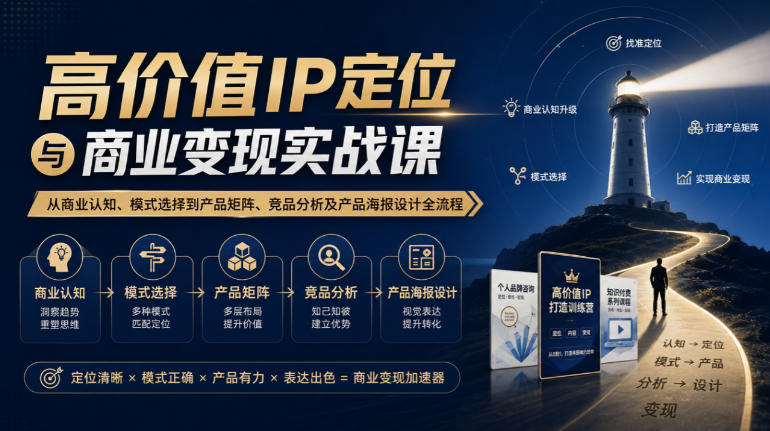 【无水印】高价值IP定位与商业变现实战课，从商业认知、模式选择到产品矩阵、竞品分析及产品海报设计全流程网赚项目-副业赚钱-互联网创业-资源整合老八网赚资源