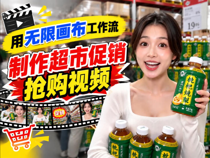 无限画布超市促销抢购视频工作流，一键产出TikTok抖音带货短视频网赚项目-副业赚钱-互联网创业-资源整合老八网赚资源
