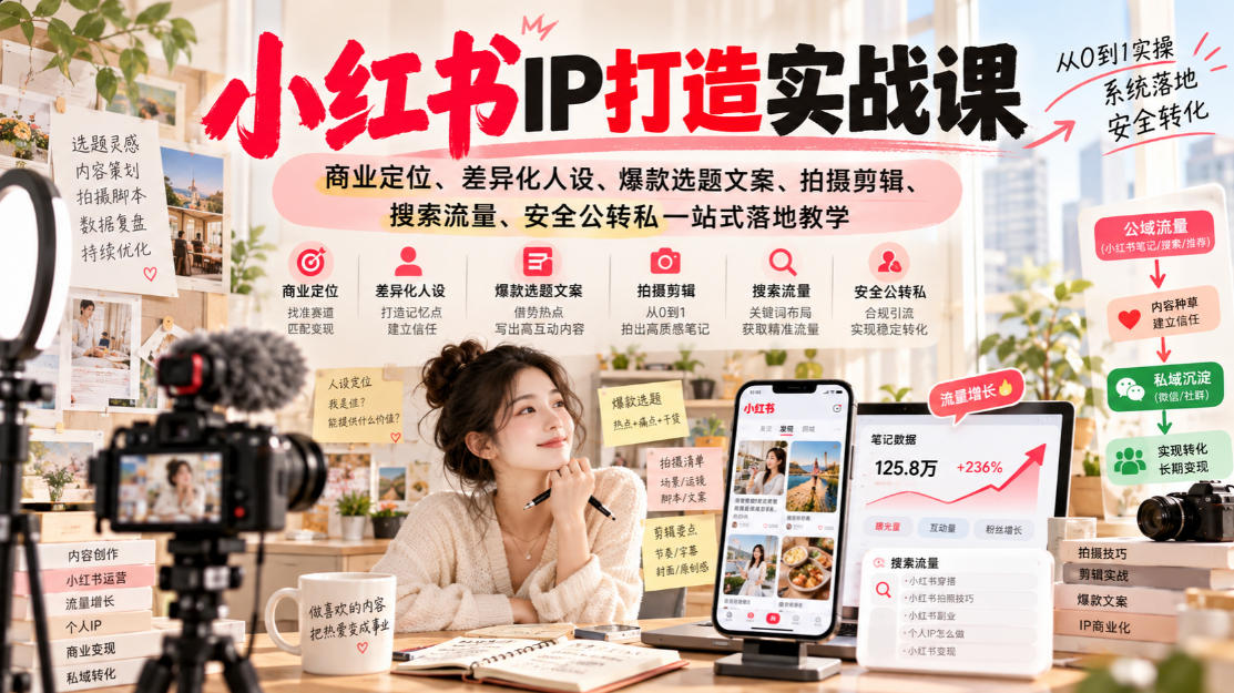 小红书ip打造实战课，商业定位、差异化人设、爆款选题文案、拍摄剪辑、搜索流量、安全公转私一站式落地教学网赚项目-副业赚钱-互联网创业-资源整合老八网赚资源