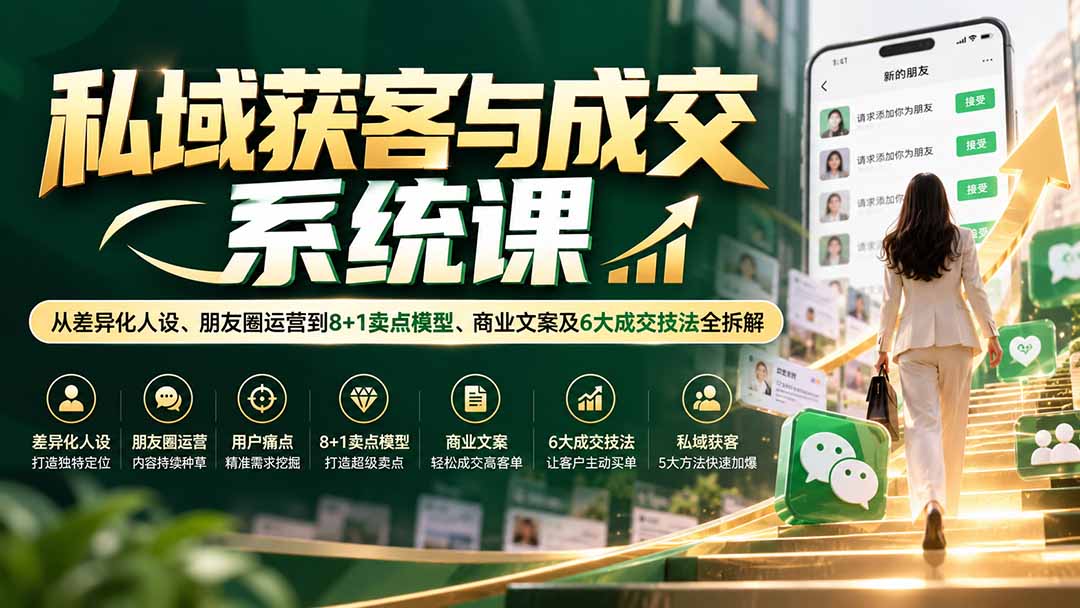 私域获客与成交系统课：从差异化人设、朋友圈运营到8+1卖点模型、商业文案及6大成交技法全拆解网赚项目-副业赚钱-互联网创业-资源整合老八网赚资源