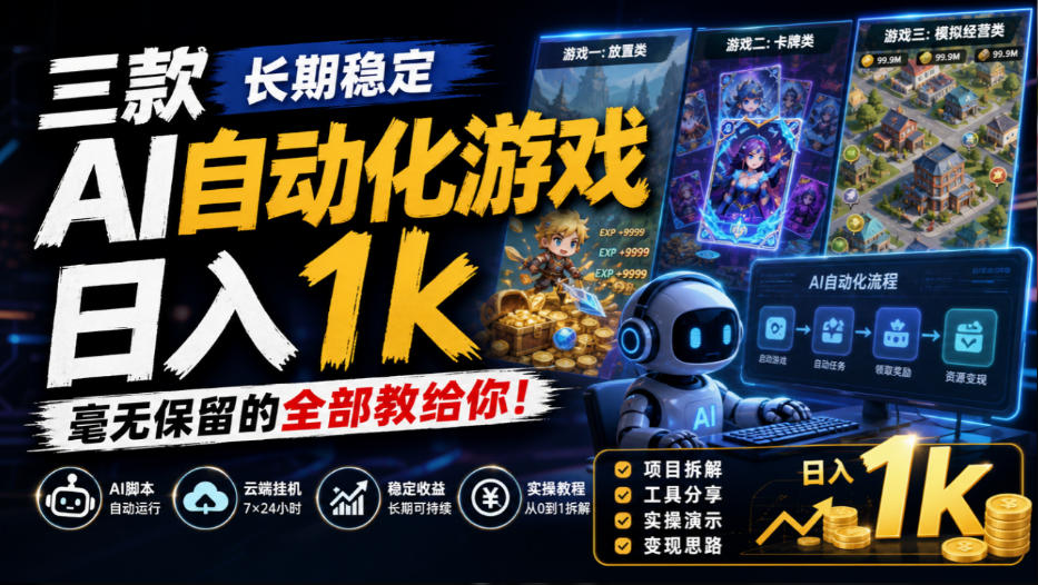 三款长期稳定AI自动化游戏，日入1k，毫无保留的全部教给你！【揭秘】网赚项目-副业赚钱-互联网创业-资源整合老八网赚资源