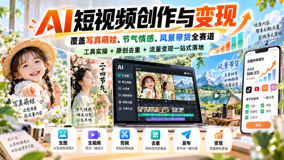 AI短视频创作与变现，覆盖写真萌娃、节气情感、风景带货全赛道，工具实操+原创去重+流量变现一站式落地网赚项目-副业赚钱-互联网创业-资源整合老八网赚资源