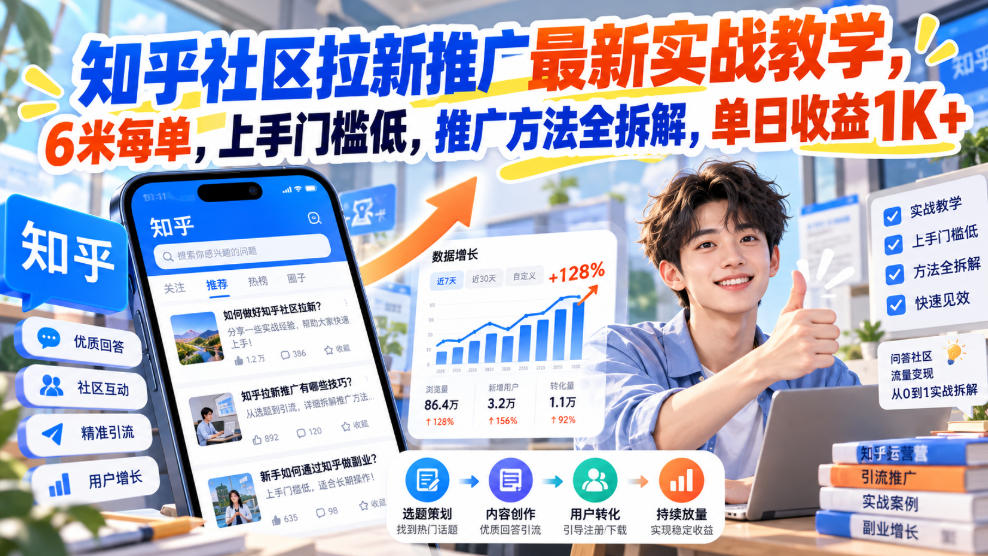 知乎社区拉新推广最新实战教学，6米每单，上手门槛低，推广方法全拆解，单日收益1K+！(更新0930)网赚项目-副业赚钱-互联网创业-资源整合老八网赚资源