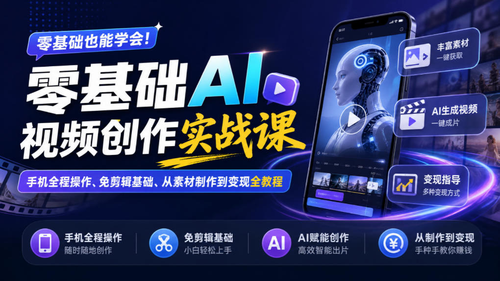 零基础AI视频创作实战课｜手机全程操作、免剪辑基础、从素材制作到变现全教程​网赚项目-副业赚钱-互联网创业-资源整合老八网赚资源