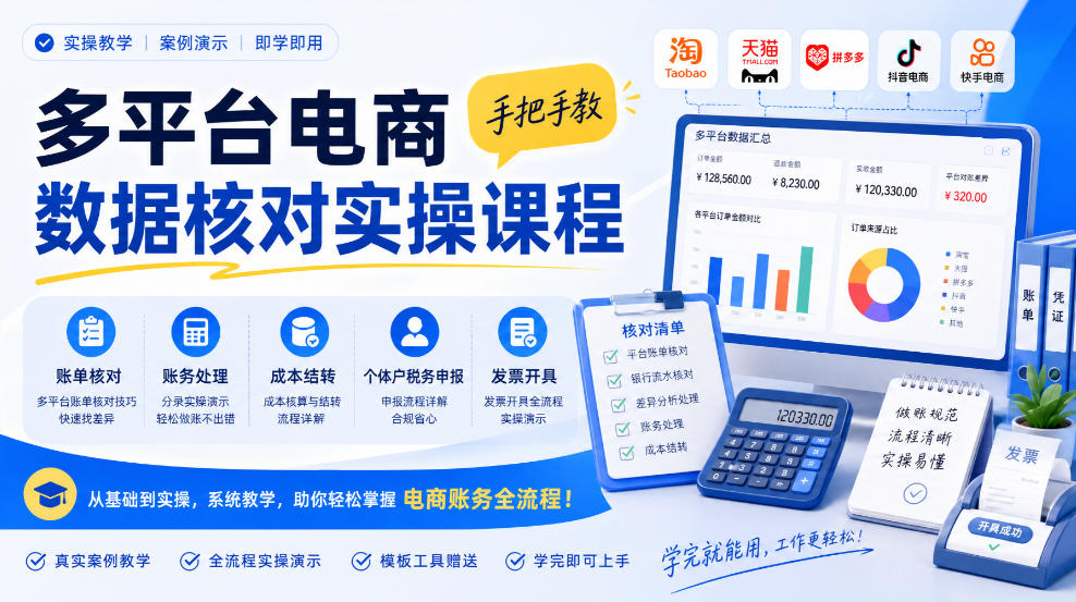 多平台电商数据核对实操课程，手把手教账单核对、账务处理、成本结转、个体户税务申报与发票开具网赚项目-副业赚钱-互联网创业-资源整合老八网赚资源