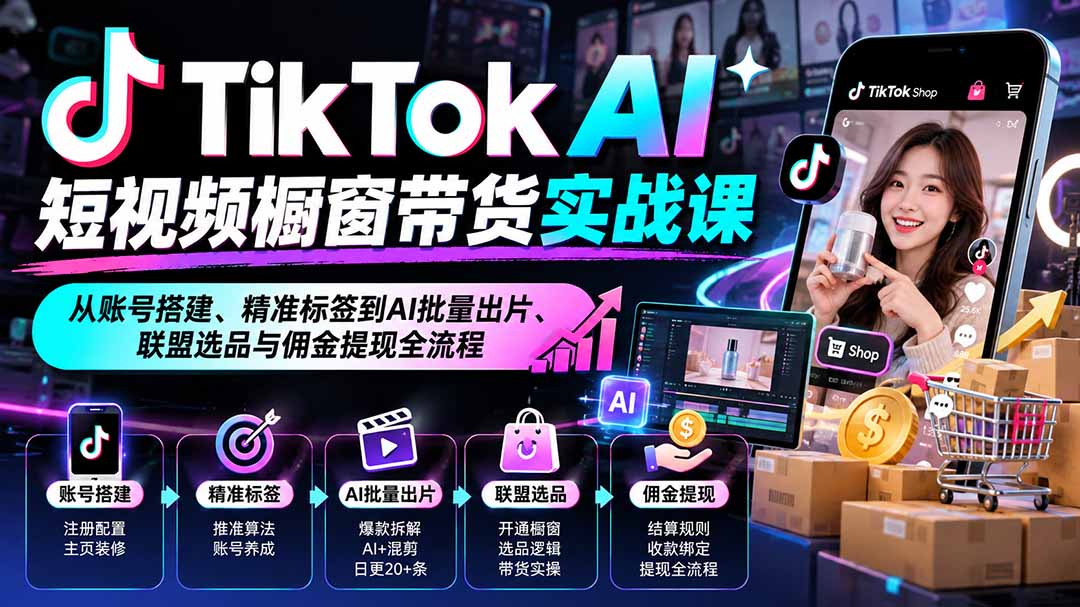 9d199b3f0f0e58e9f6ded9c797d96d4a.jpeg TikTok AI短视频橱窗带货实战课:从账号搭建、精准标签到AI批量出片、联盟选品与佣金提现全流程