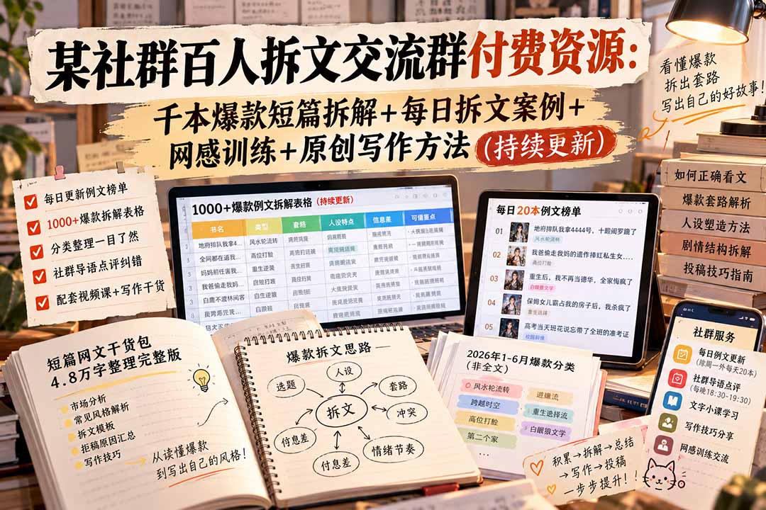 某社群百人拆文交流群付费资源-更新0929：千本爆款短篇拆解+每日拆文案例+网感训练+原创写作方法网赚项目-副业赚钱-互联网创业-资源整合老八网赚资源