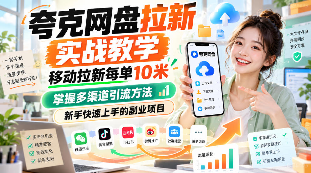 夸克网盘拉新实战教学，移动拉新每单10米，掌握多渠道引流方法，新手快速上手的副业项目(更新0929)网赚项目-副业赚钱-互联网创业-资源整合老八网赚资源