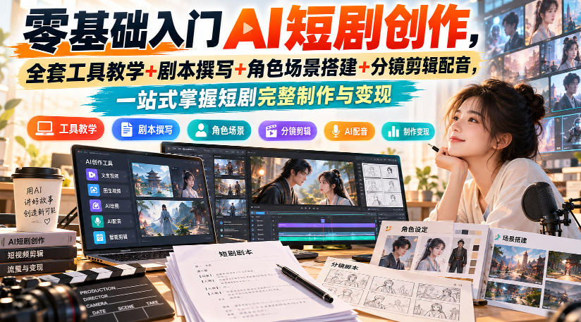 e34815caa6882658ac2c00ccd889f5d3.jpeg 零基础入门AI短剧创作,全套工具教学+剧本撰写+角色场景搭建+分镜剪辑配音,一站式掌握短剧完整制作与变现