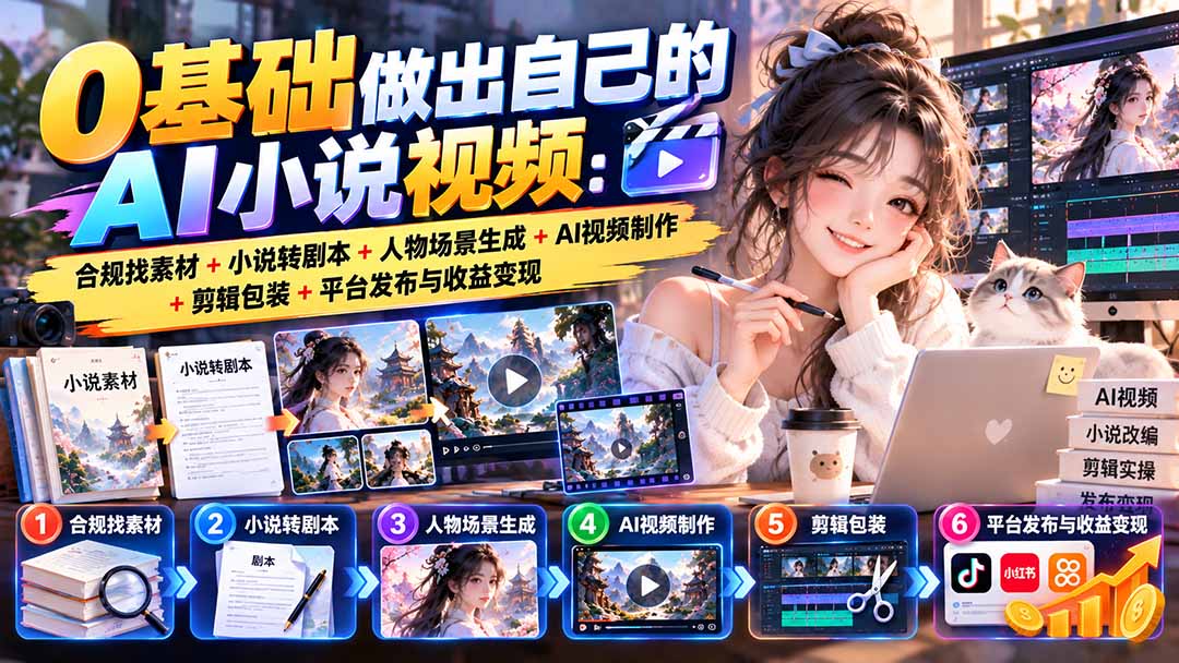 0基础做出自己的AI小说视频：合规找素材+小说转剧本+人物场景生成+AI视频制作+剪辑包装+平台发布与收益变现网赚项目-副业赚钱-互联网创业-资源整合老八网赚资源