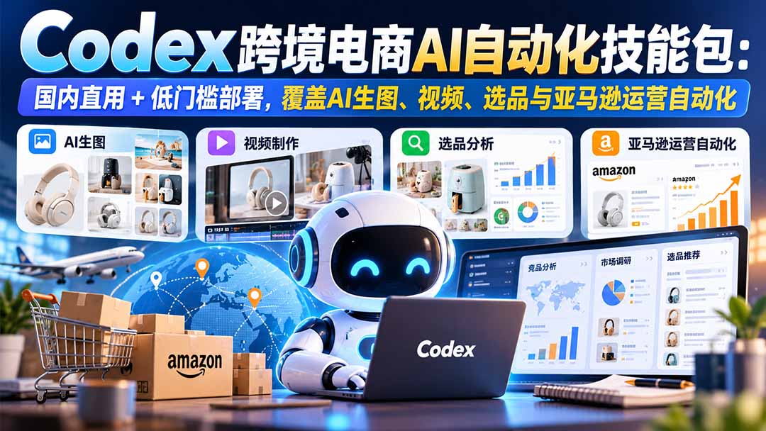 【无水印】Codex跨境电商AI自动化技能包：国内直用+低门槛部署，覆盖AI生图、视频、选品与亚马逊运营自动化网赚项目-副业赚钱-互联网创业-资源整合老八网赚资源