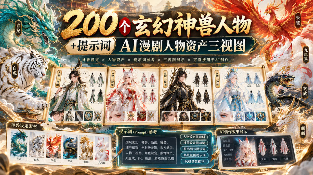 3f04e59705f1a8e3cae4e438e3d994bf.jpeg 200个玄幻神兽人物+提示词ai漫剧人物资产三视图
