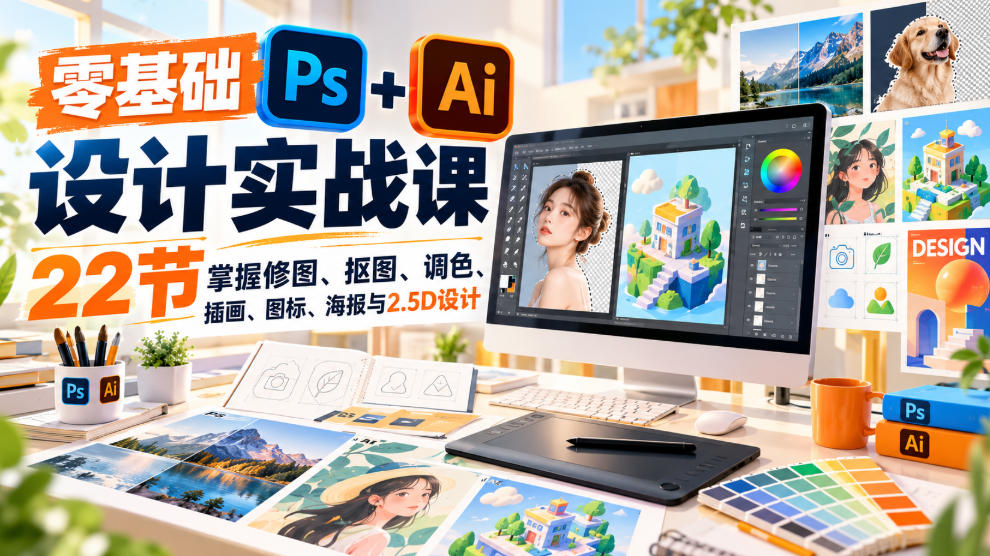 795b1c4e53c66d26bf868c27e28d5a9c.jpeg 【无水印】零基础PS+AI设计实战课|22节掌握修图、抠图、调色、插画、图标、海报与2.5D设计