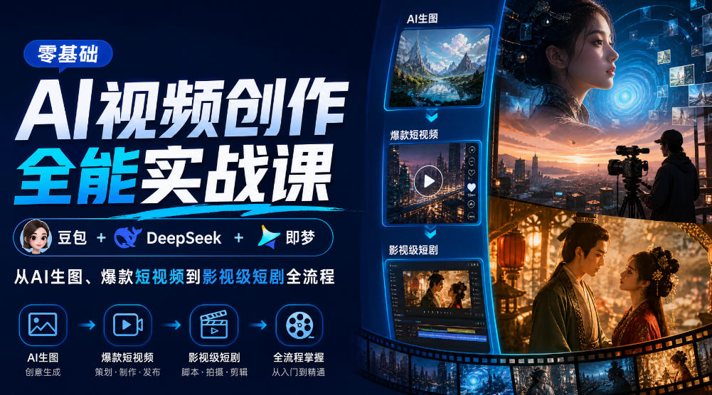零基础AI视频创作全能实战课|豆包+DeepSeek+即梦,从AI生图、爆款短视频到影视级短剧全流程网赚项目-副业赚钱-互联网创业-资源整合老八网赚资源