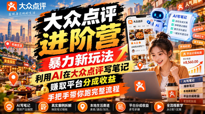 大众点评进阶营，暴力新玩法，利用AI在大众点评写笔记， 賺取平台分成收益，手把手带你跑完整流程网赚项目-副业赚钱-互联网创业-资源整合老八网赚资源