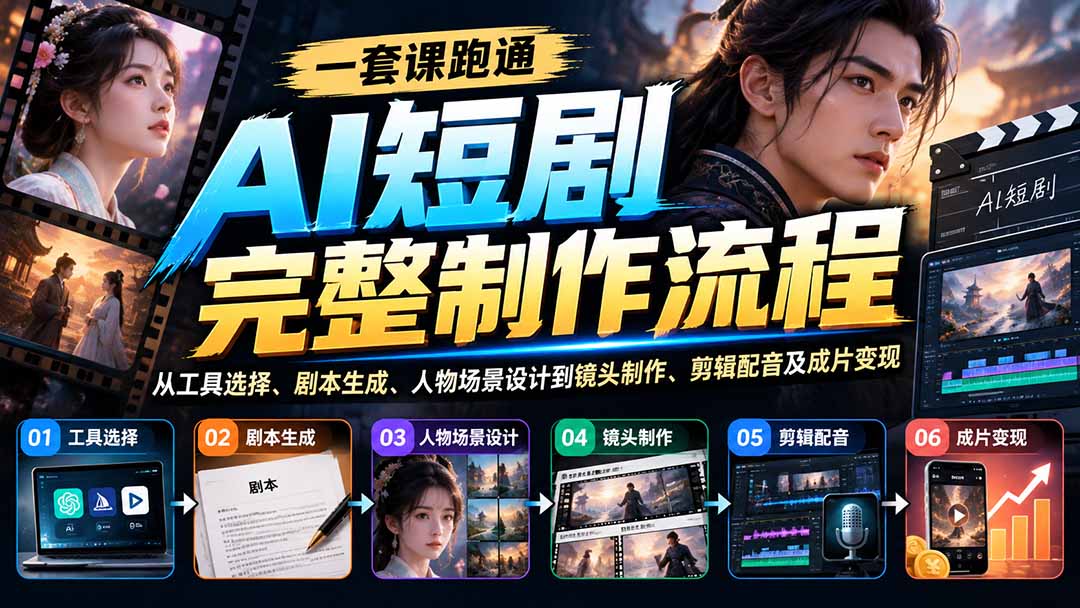 一套课跑通AI短剧完整制作流程:从工具选择、剧本生成、人物场景设计到镜头制作、剪辑配音及成片变现网赚项目-副业赚钱-互联网创业-资源整合老八网赚资源