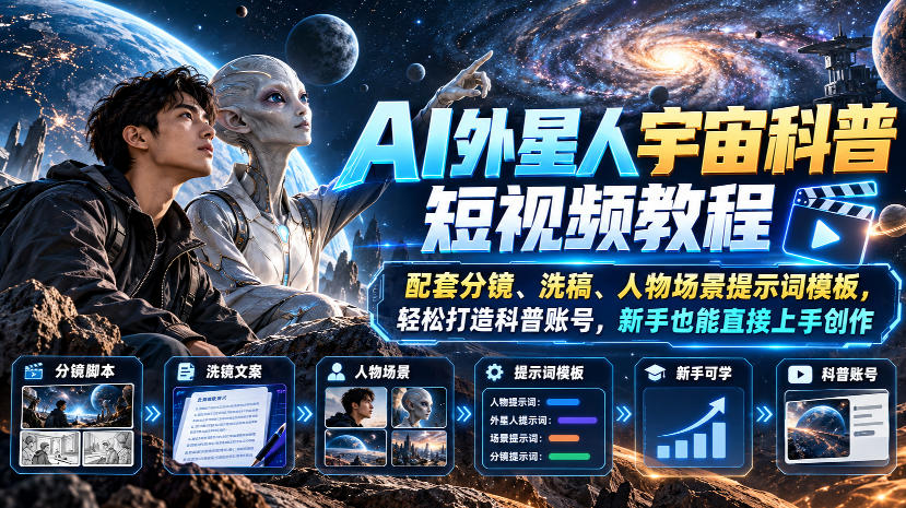 AI外星人宇宙科普短视频教程，配套分镜、洗稿、人物场景提示词模板，轻松打造科普账号，新手也能直接上手创作网赚项目-副业赚钱-互联网创业-资源整合老八网赚资源