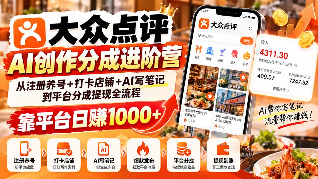 大众点评AI创作分成进阶营：从注册养号+打卡店铺+AI写笔记到平台分成提现全流程，靠平台日赚1000+网赚项目-副业赚钱-互联网创业-资源整合老八网赚资源