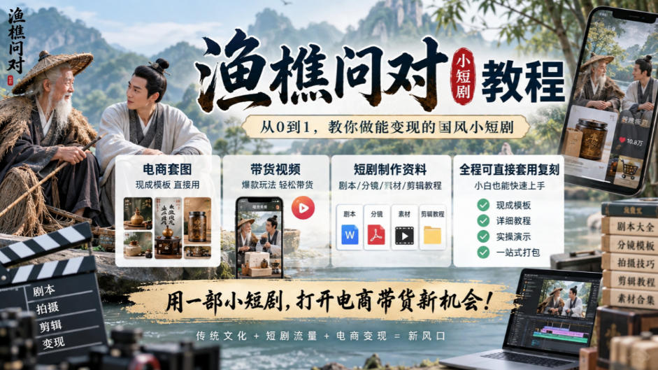 渔樵问对小短剧教程，包含电商套图、带货视频，短剧制作资料，全程可直接套用复刻网赚项目-副业赚钱-互联网创业-资源整合老八网赚资源