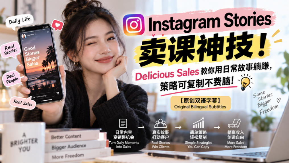 Instagram Stories卖课神技！Delicious Sales教你用日常故事躺賺，策略可复制不费脑！【原创双语字幕】网赚项目-副业赚钱-互联网创业-资源整合老八网赚资源