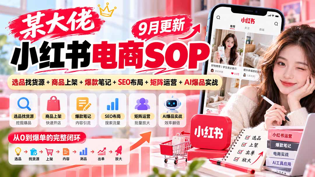 某大佬小红书电商SOP｜9月更新：选品找货源+商品上架+爆款笔记+SEO布局+矩阵运营+AI爆品实战网赚项目-副业赚钱-互联网创业-资源整合老八网赚资源
