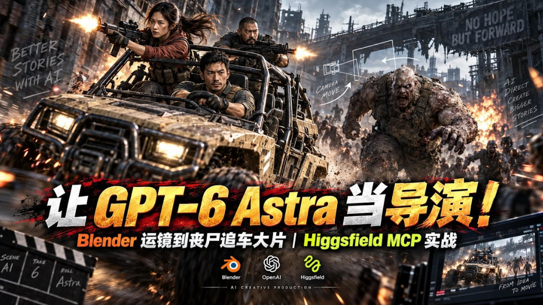让GPT-6 Astra当导演！Blender运镜到丧尸追车大片｜Higgsfield MCP实战网赚项目-副业赚钱-互联网创业-资源整合老八网赚资源