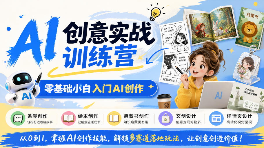 AI创意实战训练营，零基础小白入门AI创作，解锁条漫、绘本、启蒙书、文创、详情页多赛道落地玩法网赚项目-副业赚钱-互联网创业-资源整合老八网赚资源