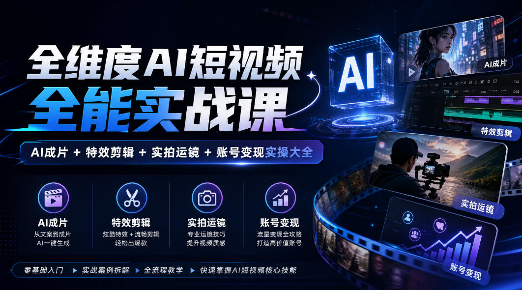 全维度AI短视频全能实战课，AI成片+特效剪辑+实拍运镜+账号变现实操大全网赚项目-副业赚钱-互联网创业-资源整合老八网赚资源