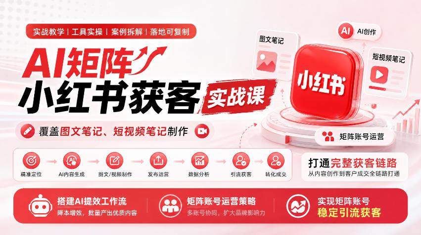 AI矩阵小红书获客实战课，覆盖图文笔记、短视频笔记制作，打通完整获客链路，搭建AI提效工作流，实现矩阵账号稳定引流获客网赚项目-副业赚钱-互联网创业-资源整合老八网赚资源