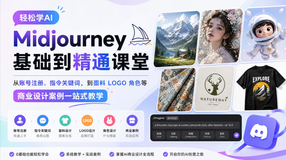 轻松学AI Midjourney基础到精通课堂，从账号注册、指令关键词，到面料LOGO角色等商业设计案例一站式教学网赚项目-副业赚钱-互联网创业-资源整合老八网赚资源