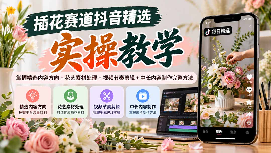 插花赛道抖音精选实操教学：掌握精选内容方向+花艺素材处理+视频节奏剪辑+中长内容制作完整方法网赚项目-副业赚钱-互联网创业-资源整合老八网赚资源