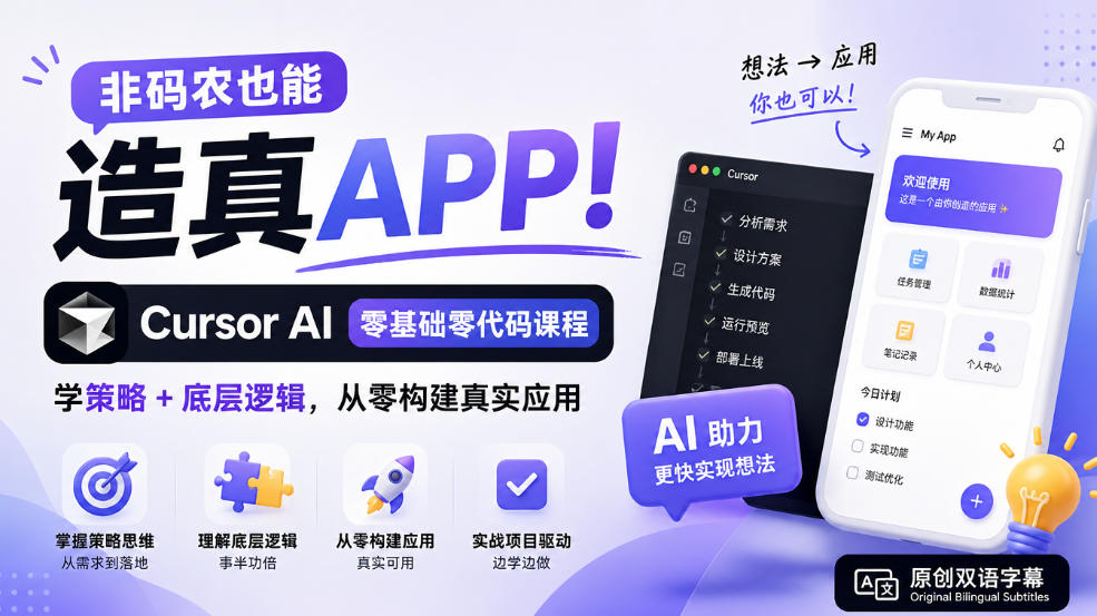 非码农也能造真APP！Cursor AI零基础零代码课程：学策略+底层逻辑，从零构建真实应用【原创双语字幕】网赚项目-副业赚钱-互联网创业-资源整合老八网赚资源