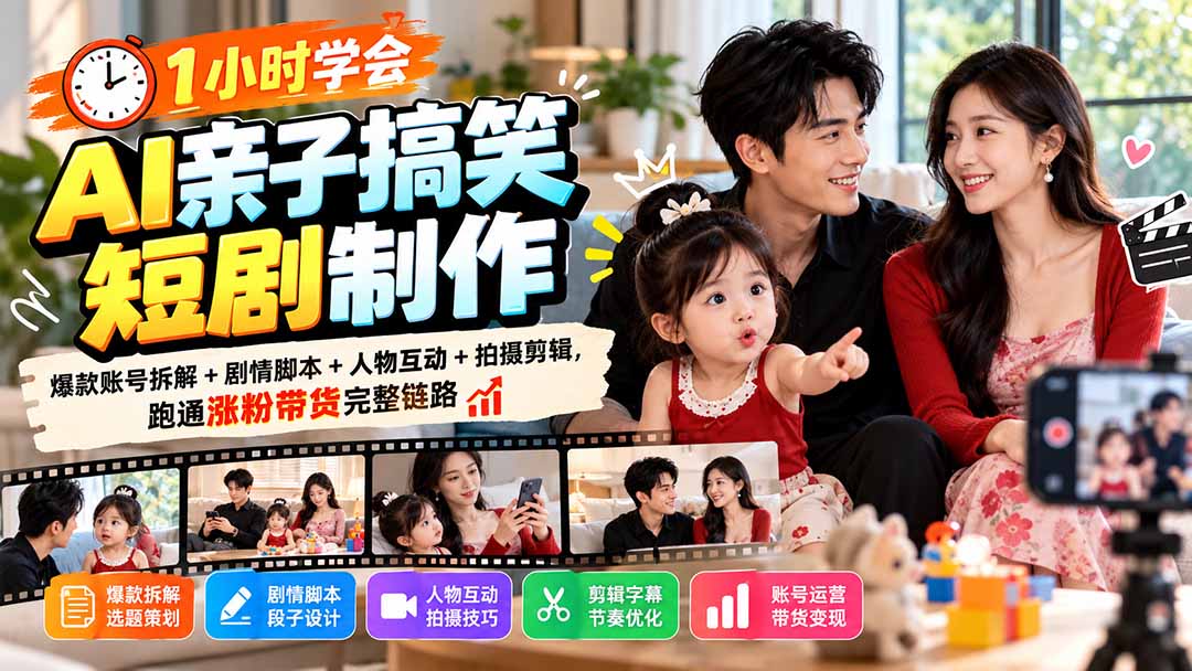 1小时学会AI亲子搞笑短剧制作：爆款账号拆解+剧情脚本+人物互动+拍摄剪辑，跑通涨粉带货完整链路网赚项目-副业赚钱-互联网创业-资源整合老八网赚资源