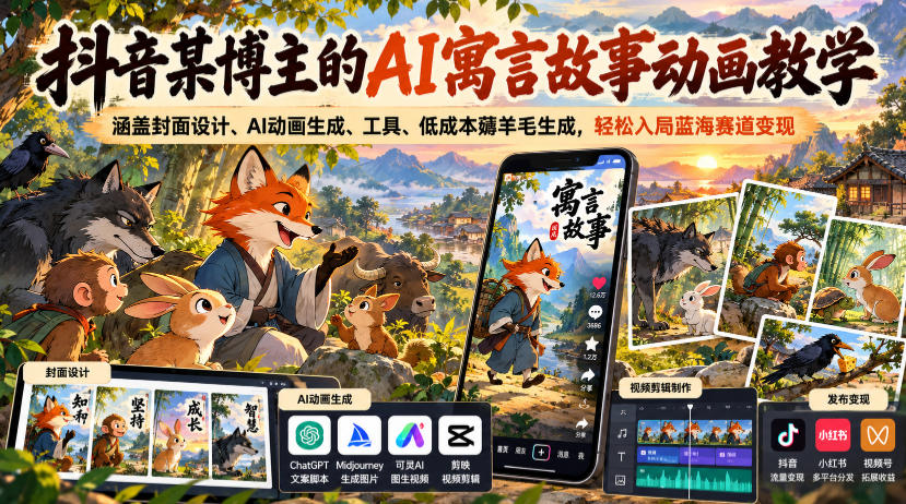 抖音某博主的AI寓言故事动画教学，涵盖封面设计、AI动画生成、工具、低成本薅羊毛生成，轻松入局蓝海赛道变现网赚项目-副业赚钱-互联网创业-资源整合老八网赚资源
