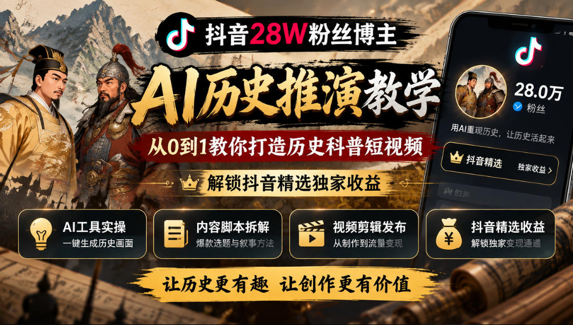 6ce5aa939cb81d8f9f607edd7920c37a.jpeg 抖音28W粉丝博主的AI历史推演教学,从0到1教你打造历史科普短视频,解锁抖音精选独家收益