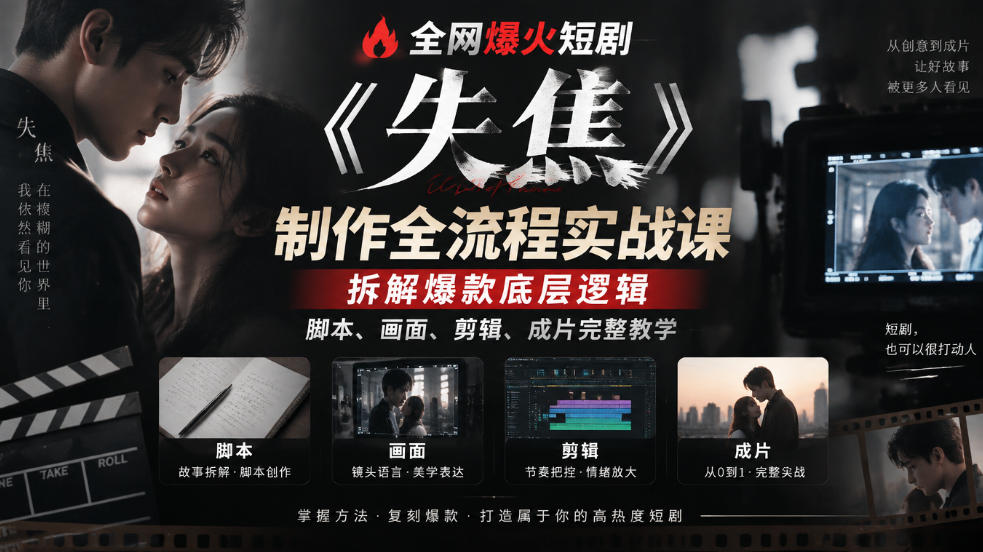 全网爆火短剧《失焦》制作全流程实战课｜拆解爆款底层逻辑，脚本、画面、剪辑、成片完整教学网赚项目-副业赚钱-互联网创业-资源整合老八网赚资源