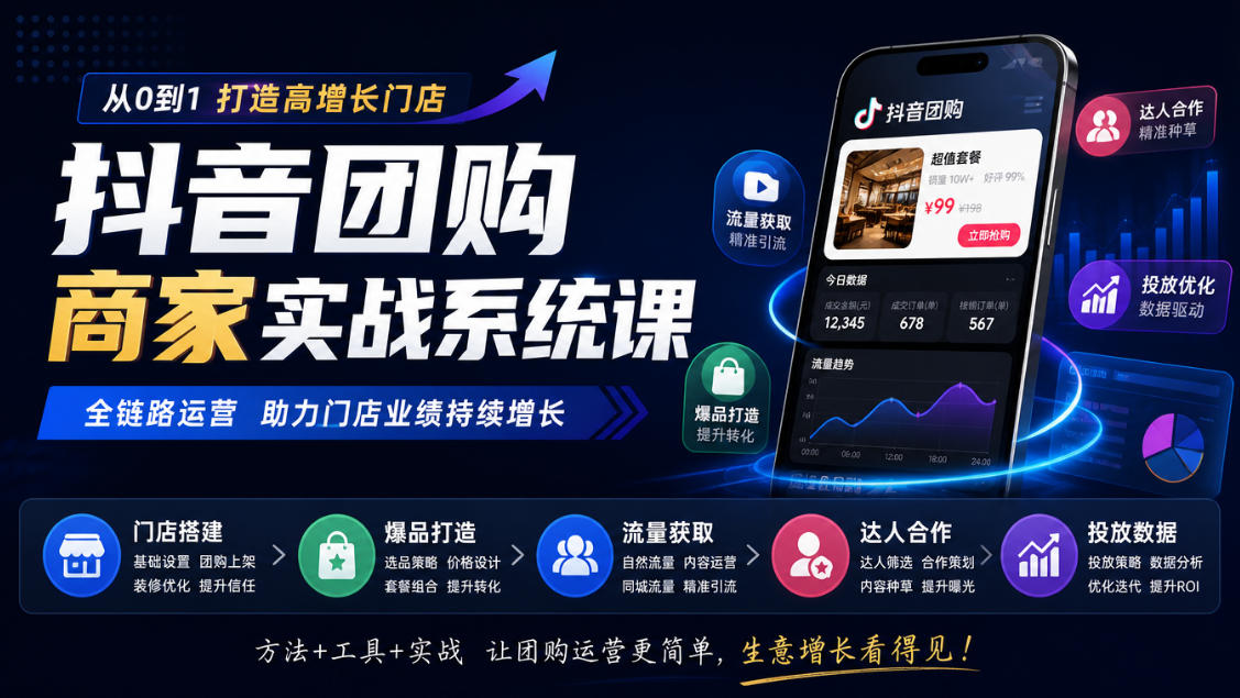 抖音团购商家实战系统课｜门店搭建、爆品打造、流量获取、达人合作、投放数据全链路运营网赚项目-副业赚钱-互联网创业-资源整合老八网赚资源