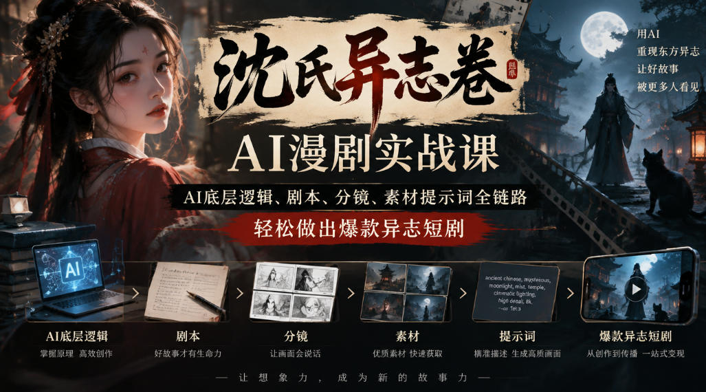 ad504ef6d54878e5ec6a45840a962d30.jpeg 沈氏异志卷AI漫剧实战课|AI底层逻辑、剧本、分镜、素材提示词全链路,轻松做出爆款异志短剧